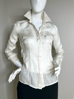 Open Back White Silk Snake Print Women’s Blouse Rolled Sleeve Sz XS